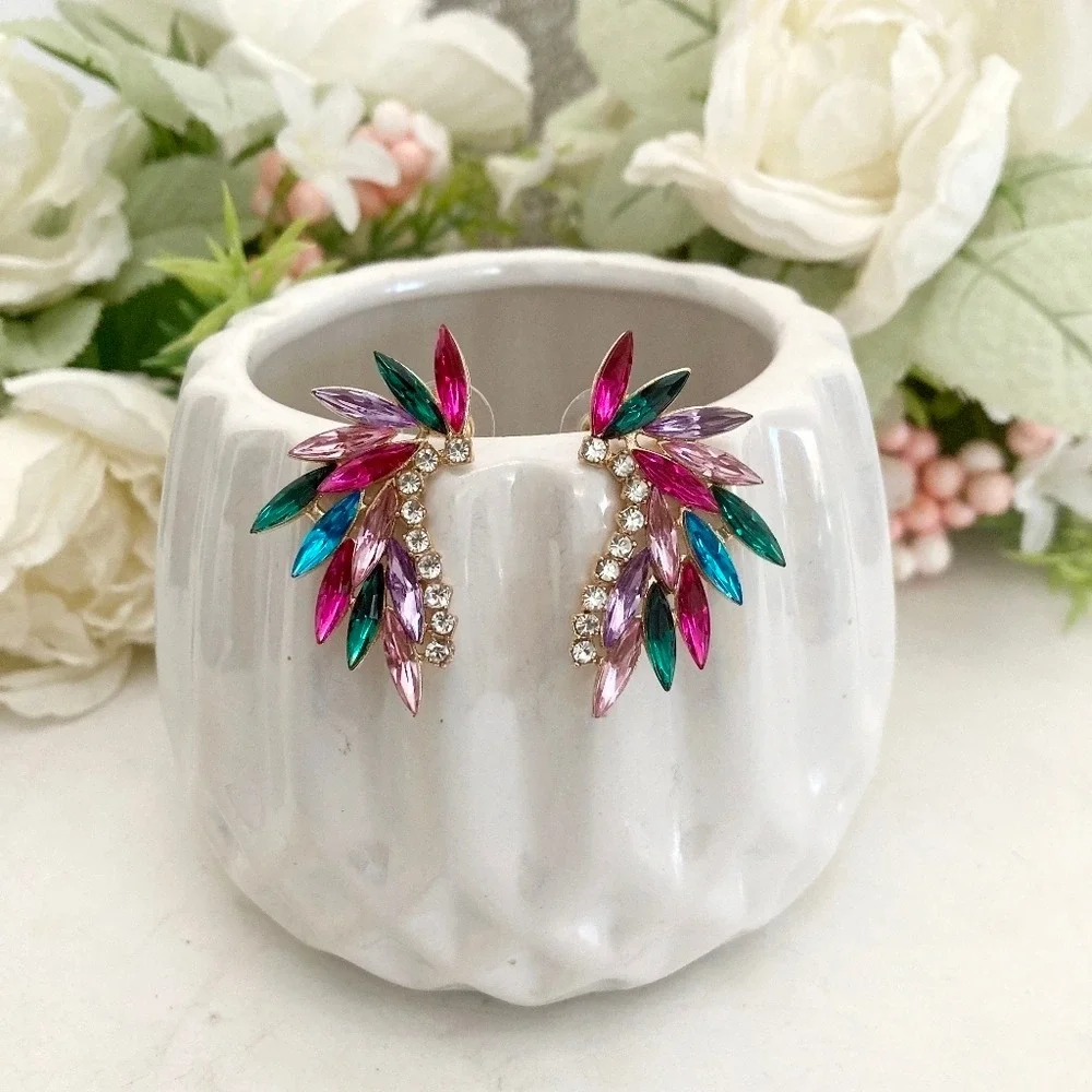 Gold Tone Multicolor Marquise Rhinestone Statement Earrings wedding party 💖